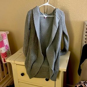 Long cozy gray oversized hooded sweater.